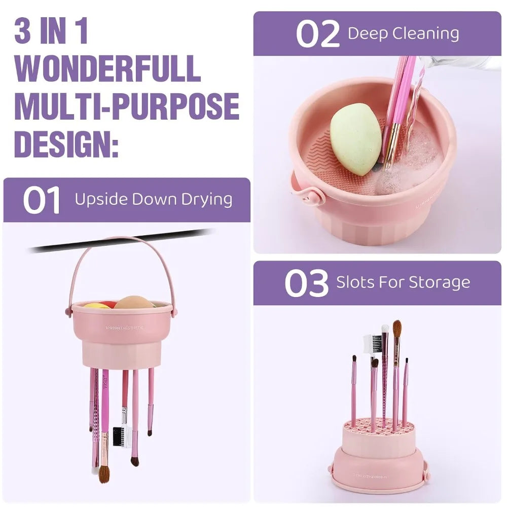 3 in 1 Silicone Makeup Brush Cleaner Mat with Washing Bowl Cosmetic Brushes Cleaning Tool Organizer for Storage and Drying Rack Khaki Color